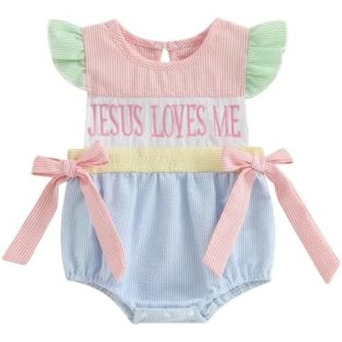 My First Easter Baby Girl Outfit Ruffles Bunny Embroidery Dot Print Smocked Romper Sleeveless One Piece Jumpsuit
