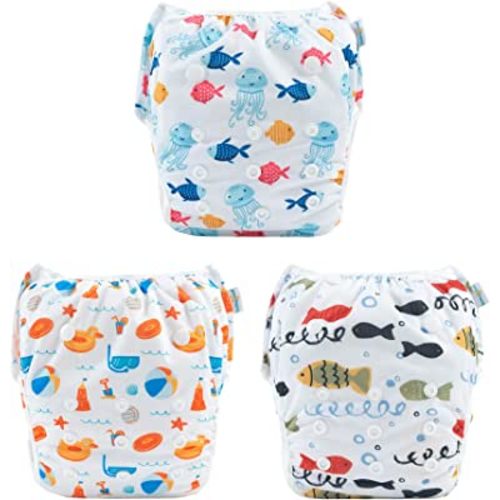 Babygoal Baby Swim Diapers 3 Pack for 0-8 Months Infant Girls and Boys, Reusable Adjustable Washable for Swimming Lessons-Fish,Duck