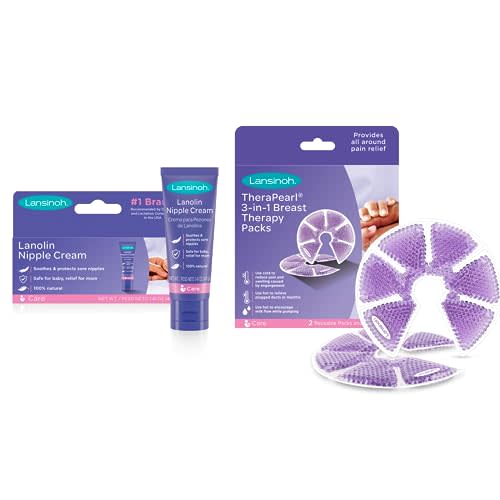 Lansinoh Lanolin Nipple Cream, 1.41 Ounces, and Breast Therapy Packs with Soft Covers, 2 Pack, Breastfeeding Essentials for Moms