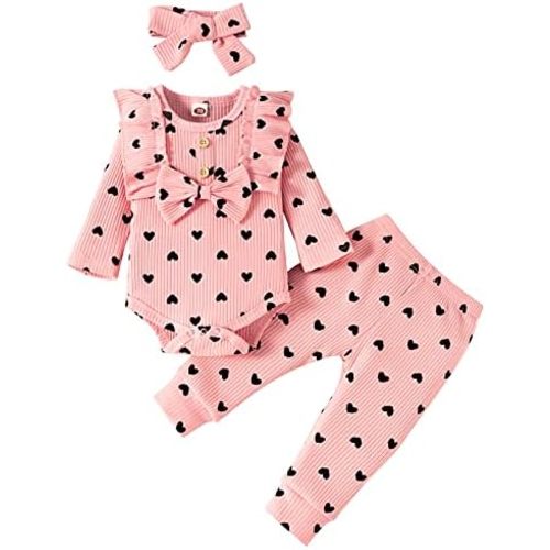 Newborn Baby Girl Clothes Love Hearts Ruffle Long Sleeve Bow Romper+Pants+DIY Headband Fall Winter Outfit Clothing Set