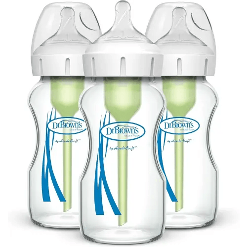 Dr. Brown's Natural Flow Anti-Colic Options+ Wide-Neck Glass Baby Bottles 9 oz/270 mL, with Level 1 Slow Flow Nipple, 3 Pack, 0m+