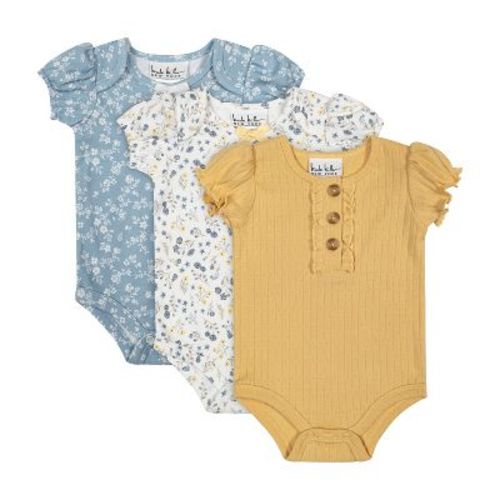Nicole Miller Baby Girls Short Sleeve Cotton Bodysuit, 3 Pack, Honey Flower/blue Fog