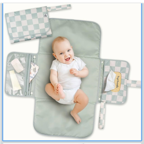 Tiny Twinkle Portable Diaper Changing Pad – Foldable, Waterproof & Compact Travel Changing Mat with Storage | Smart Wipes Pocket for On-The-Go Parents(Sage Checkers)