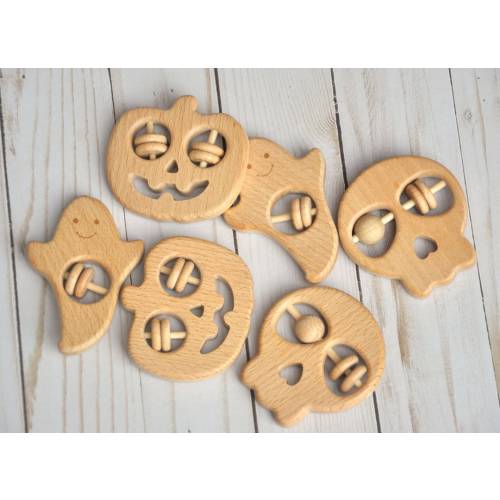 Halloween Rattle - Natural Beech Wood Rings - Jack o Lantern -Trick - Baby Boy Shower Gift Girl - Gender Neutral - Pumpkin - Ghost - Skull