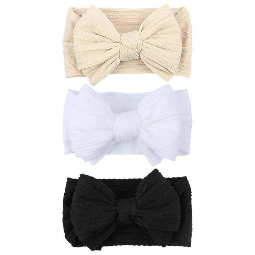 LemonSpace Handmade Baby Girls Headbands Soft Stretchy Nylon Hair Bands Hair Accessories with Bows for Newborn Baby Girls Infant Toddlers Kids (Beige Black White)
