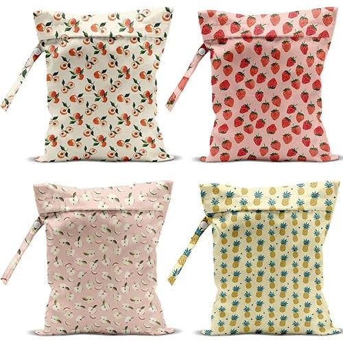 4 Pack Cute Fruit Wet Bag Waterproof Washable Reusable Wet Dry Bag for Swimsuit Clothes Cloth Diaper Travel Beach Pool Yoga Gym Toiletries Travel Beach Essentials Strawberry Pineapples