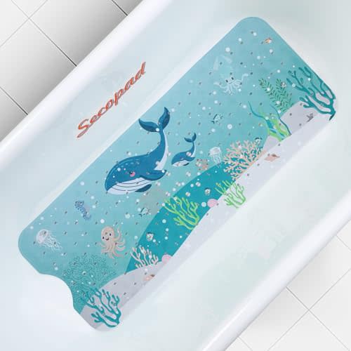 Secopad Cartoon Baby Bath Mat, Kids Bathtub Mat Non Slip for Toddler Bath Shower Anti Slip, 40In X 16In with Drain Holes and Suction Cups Machine Washable, 2-Whales