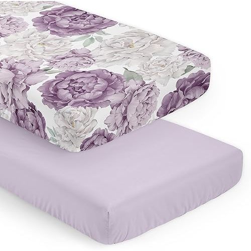 Sweet Jojo Designs 2-Piece Baby Crib Sheets Set (Boho Purple Floral) for Girls, Infant Nursery, Toddler Room - Fitted, Standard Size (Lavender, Bohemian, Vintage, Flower, Watercolor, Shabby Chic)