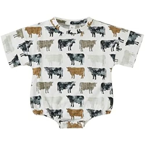 Kayotuas Western Baby Boy Girl Clothes Cow Print Bubble Romper Oversized Short Sleeve Tshirt Bodysuit Infant Summer Outfits
