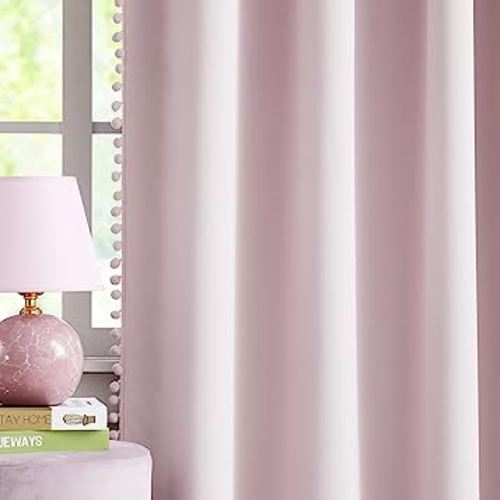 Pink Blackout-Curtains for Bedroom Pom Pom Thermal Insulated 100% Full Blackout Curtain Panels for Girls Baby Nursery Room 90 inch Energy Efficient Window Drapes for Kids 52" w x2 Panels Rod Pocket