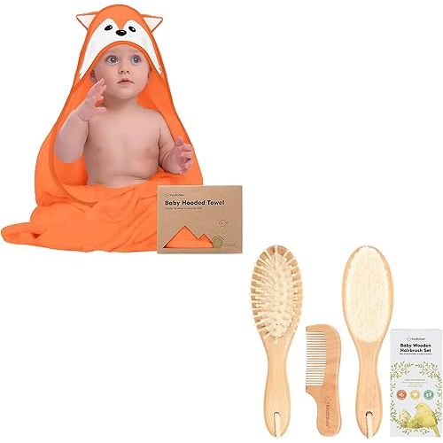 KeaBabies Baby Hooded Towel and Baby Hair Brush and Baby Comb Set - Bamboo Viscose Baby Towel - Wooden Baby Brush with Soft Goat Bristle - Infant Towels - Toddler Hair Brush Baby Brush
