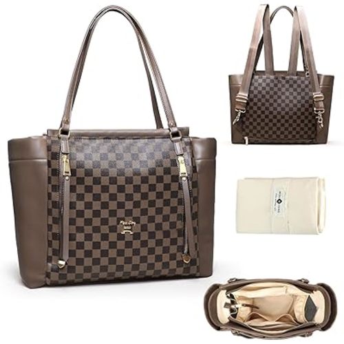 miss fong Checkered Diaper Bag Tote Leather Diaper Bag Backpack, Large Capacity Mommy Bag Hospital Bag, 12 Pockets Travel Diaper Tote with Changing Pad for Mom Plaid Tote Bag for Women-Coffee