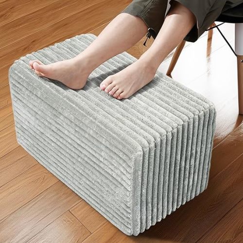 Rectangular Stuffed Pouf Ottoman with Foam Chunk Filling, Coral Fleece and Furry Fabric Design, Multi-Functional Floor Pouf for Living Room,Wide Stripe, Dark Gary