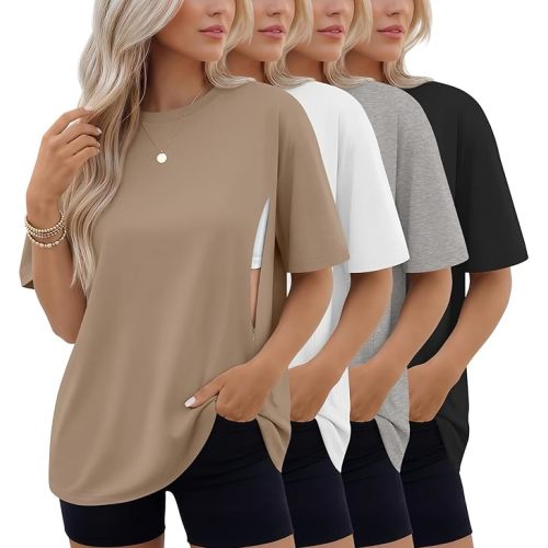 4 Pack Women's Oversized Nursing Breastfeeding Shirts with Hidden Zipper Maternity Short Sleeve Nursing Tees Tops