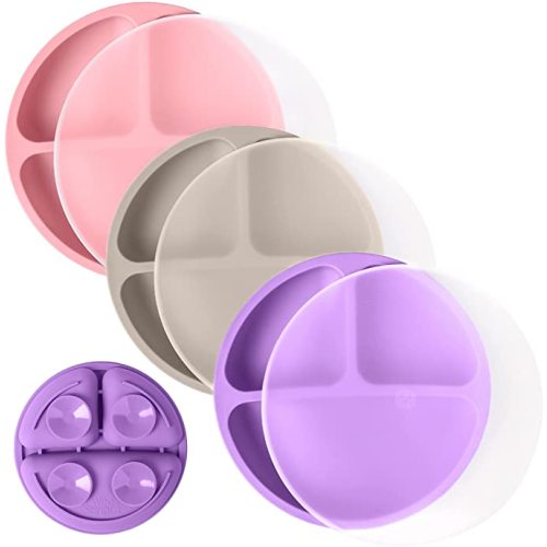 WeeSprout 100% Silicone, Plastic Suction Dishware Plate with Lids for Babies Toddlers Divided Design Microwave Dishwasher Safe 3 Pack (Bright Pink, Purple & Grey, Small) - With Lids