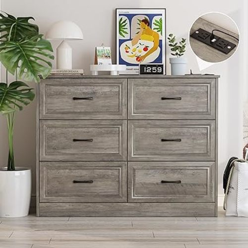 Fameill Dresser for Bedroom, 6 Drawer Wide Dresser Organizer with Charging Station, Tall Dresser for Hallway, Wood Dresser with Metal Handles, Ash Grey