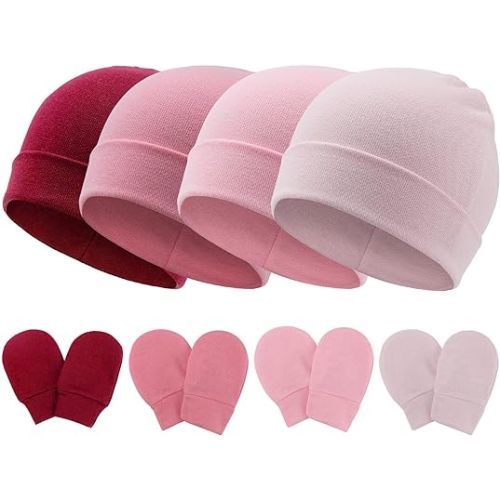 DRESHOW BQUBO Baby Hats and Mittens Infant Cotton Beanie Gloves No Scratch Set Newborn Hospital Hat for Boys Girls