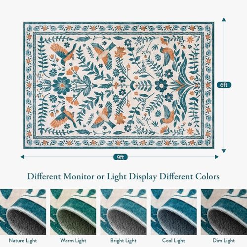 LIVEBOX Washable Area Rug 6x9, Floral Area Rugs for Living Room Bedroom, Non-Slip Boho Floral Rug with Bird Print, Low-Pile Farmhouse Soft Carpets for Kids Nursery Playroom, Beige