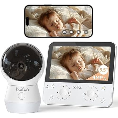 BOIFUN 5.5" AI 4MP Baby Monitor Pro Max: App (Wi-Fi) and Monitor (No Wi-Fi) Control, Upgrade AI Detection (Tummy Sleeping & Face Area), Colorful Night Light, 360° Camera, Motion & Sound Detection
