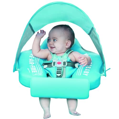 Mambobaby Float with Canopy UPF 50+ Sun Protection Add Tail Non-Inflatable Solid Baby Pool Swim Float Mambo Smart Swim Trainer Infant Float Swim Ring for Baby Aged 3-24 Months