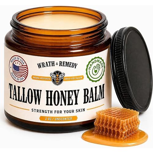 Organic Beef Tallow for Skin - 2OZ (Unscented, Concentrated) — US-Made Grass Fed Tallow and Honey Balm Moisturizer for Face, Hands & Body — Intensive Care for Dry Sensitive Skin, Eczema (No Additives)