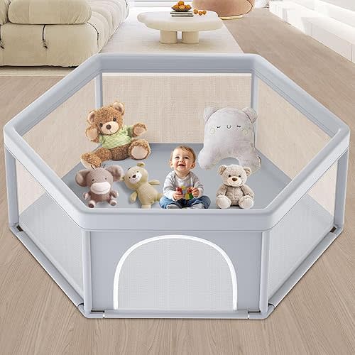 65×65 Inch Stylish Hexagonal Baby Playpen, Soft Play Pen for Babies and Toddlers, Safe Anti-Fall Baby Play Yards, Indoor & Outdoor Sturdy Safety Activity Center, Fence with Breathable Mesh