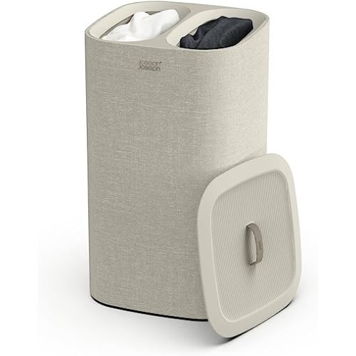 Joseph Joseph Tota 60-liter Laundry Hamper Separation Basket with lid, 2 Removable Washing Bags with Handles- Ecru