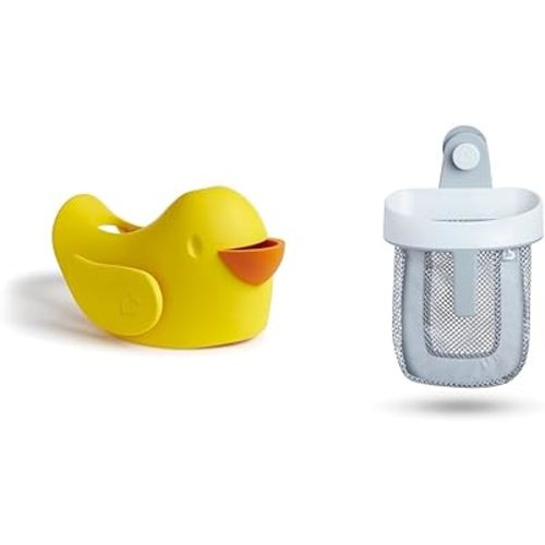 Munchkin® Beak™ Bath Spout Cover Safety Guard with Built-in Bubble Bath Dispenser, Yellow & Super Scoop™ Hanging Bath Toy Storage with Quick Drying Mesh, Grey