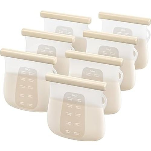 7 PCS Reusable Breast Milk Storage Bags, 8.5oz 250ml LFGB Standard Silicone Breastmilk Freezer Storage Container, Leak Proof & SelfStandingMilk Bags, Baby Food Bags, Transparent