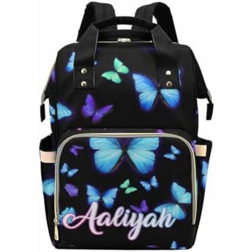 Newcos Customized Mommy Bag with Name Custom Purple Butterfly Capital Initial Orangizer Nursing Mommy Daypack with Multi Pockets for Mother's Day Personalized Nylon Waterproof Backpack for Women Mom