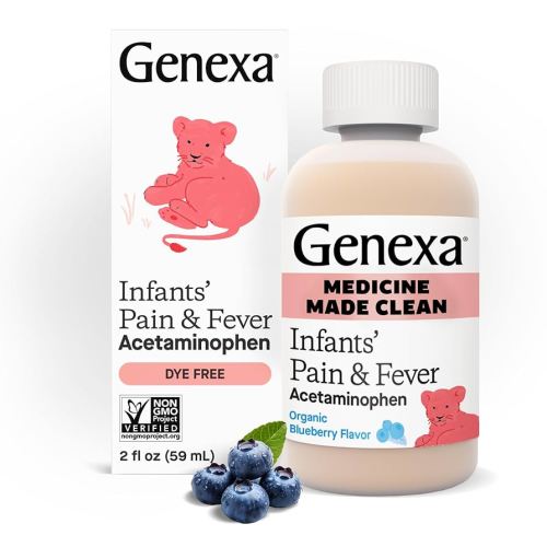 Genexa Infants’ Clean Pain & Fever Acetaminophen, Dye Free, 0% Artificial Additives, Delicious Organic Blueberry Flavor, Liquid Oral Suspension Medicine for Baby, 160 mg per 5mL, 2 fl oz