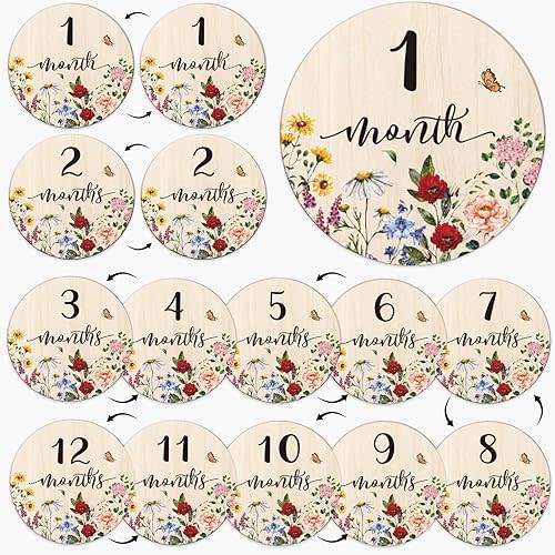 12Pcs Vintage Wildflower Baby Monthly Milestone Cards Double-Sided Announcement Sign Floral Wooden Marker Discs for Newborn Growth Photo Props Baby Shower Party Favors