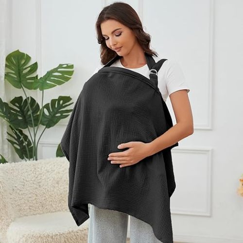 Muslin Nursing Cover for Baby Breastfeeding, Breathable 100% Cotton Breastfeeding Cover with Rigid Hoop for Mother Nursing Apron (Black)