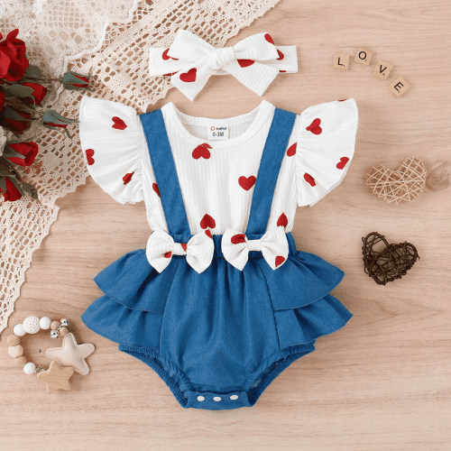 PatPat Baby Girl Clothes One-piece Heart Print Bodysuit with Headband Denim Suspender Style Ruffle Romper Outfit 9-12 Months