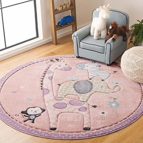 SAFAVIEH Carousel Kids Collection Area Rug - 8' Round, Blush Pink, Geometric Design, Ideal for High Traffic Areas in Living Room, Bedroom, Dining (CRK120U)