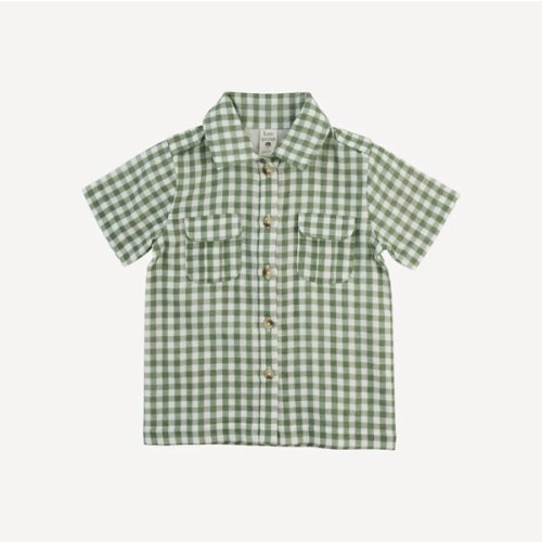 short sleeve military top | green gingham | organic cotton gauze