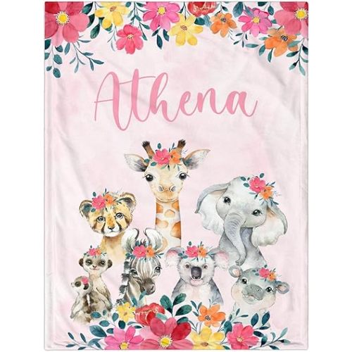 Personalized Baby Blanket for Girls, Custom Baby Blanket with Name, Soft Cozy Personalized Name Blankets for Kids, Custom Animal Blankets for Infant Toddler Birthday Christmas