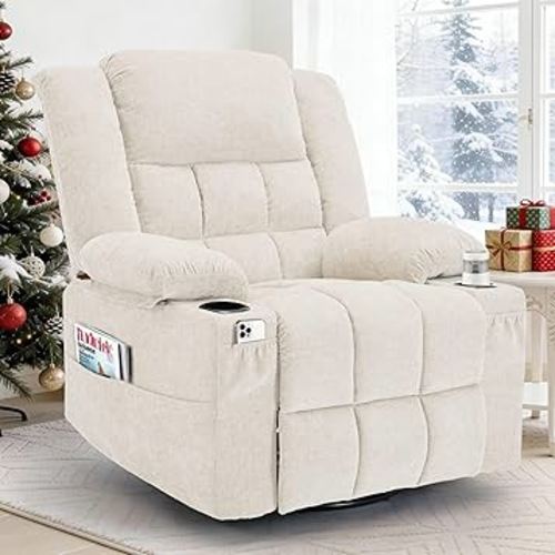 360° Swivel Rocker Recliner for Adults, Nursery Glider Recliner with Massage and Heating, Rocking Chair with Cup Holder, Manual Recliner Chair for Living Room, Bedroom (Fabric, Beige)