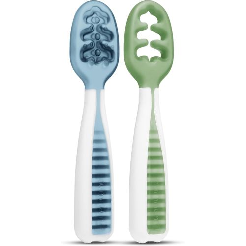 NumNum Baby Spoons Set, Pre-Spoon GOOtensils for Kids Aged 6+ Months - First Stage, Baby Led Weaning (BLW) Spoon - Self Feeding, Silicone Toddler Food Utensils - 2 Spoons, Blue/Green