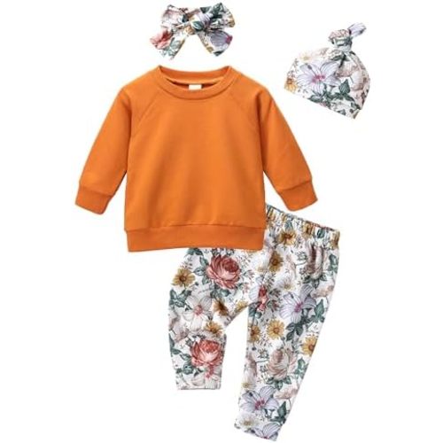 Baby Girl Clothes Cute Long Sleeve Sweatshirt Floral Pants Headband Hat Set Infant Toddler Fall Winter Outfit