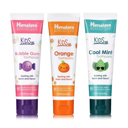Himalaya Botanique Kids Toothpaste, Herbal, Cool Mint, Bubble Gum and Orange Flavor, Fights Plaque, Fluoride Free, No Artificial Flavors or Colors, SLS Free, Gluten Free, Vegan, 4 Oz, Variety 3 Pack…