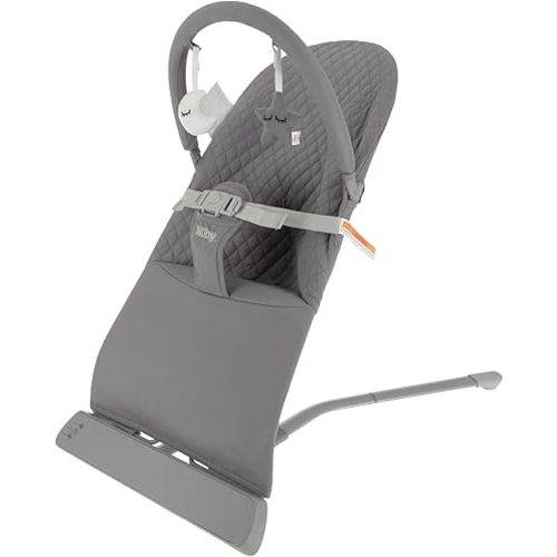 Nuby Baby Bouncer Seat - Portable Infant Bouncer with Music, Fun Sounds, and Soothing Vibrations - 0-6 Months - Gray
