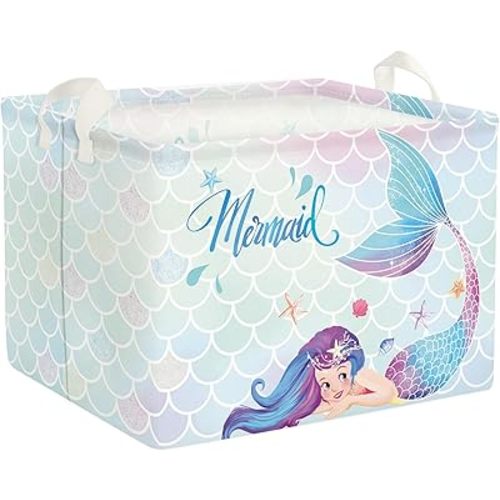Clastyle Blue Mermaid Princess Baby Girl Nursery Basket 36L Large Rectangle Book Clothes Blanket Storage Basket Summer Star Shell Outdoor Storage Pool Toy Beach Towel Basket