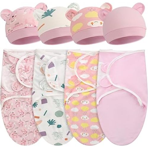 Buryeah 4 Pack Preemie Swaddle Blanket Wrap Set with Hat for Baby Boys Girls 3-7 Lbs Preemie Newborn Clothes Sleepers Cap