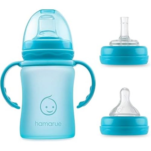 3-in-1 Glass Sippy Cups for Toddlers | Silicone Coated Glass Baby Bottles | Non-Toxic Transition Cup for Baby with Removeable Handles | Baby Straw Cup NB+, 3M, 6M, 12M (Teal, 5 oz)