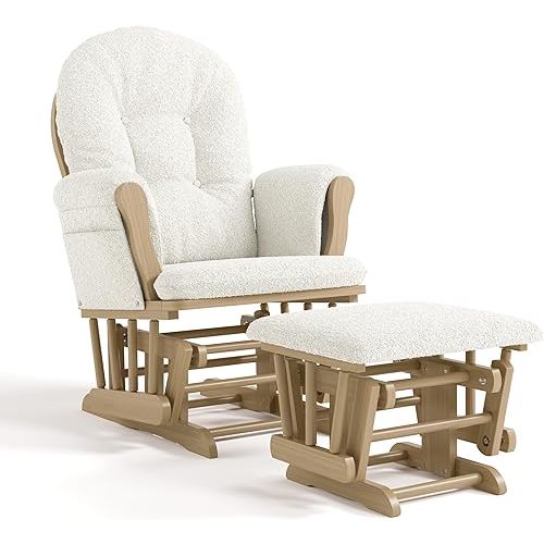 Storkcraft Premium Hoop Glider & Ottoman - GREENGUARD Gold Certified, Solid Wood Craftsmanship, Convenient Storage Pockets, Nursery Rocking Chair, Multi-Award-Winning (Driftwood and Ivory Boucle)