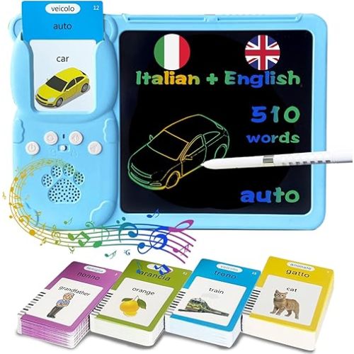Drawing Writing Tablet for Toddlers - Talking Italian English Flash Cards for Kids 3-12, Bilingual Italiano Sensory Toys for Autistic Children, 510 Sight Words, Pocket Speech (Blue)