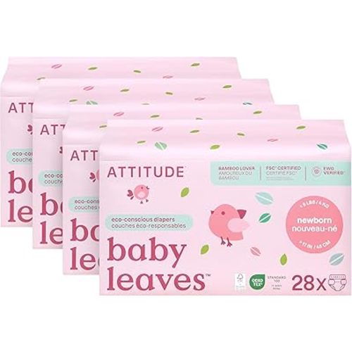 ATTITUDE Eco-Conscious Disposable Diapers, EWG Verified, Size 1/Newborn (< 9 lbs), Ultra Absorbent for Baby, Vegan & Plant-Based, 28 Count (Pack of 4)