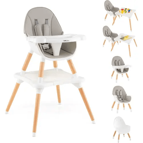 BABY JOY 6 in 1 High Chair, Convertible High Chairs for Babies and Toddlers/Booster Seat/Table and Chair Set, Infant Wooden Highchair w/ 5-Point Harness, 4-Position Removable Tray & PU Cushion (Gray)