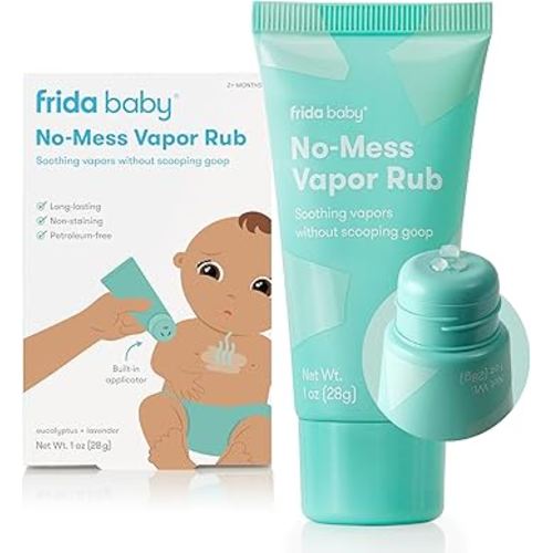 Frida Baby No-Mess Vapor Rub, Baby Vapor Rub for Chest, Neck, Back + Foot,Non-staining, Petroleum-Free Hands-Free Applicator Tube, Soothing Eucalyptus & Lavender for Sleep